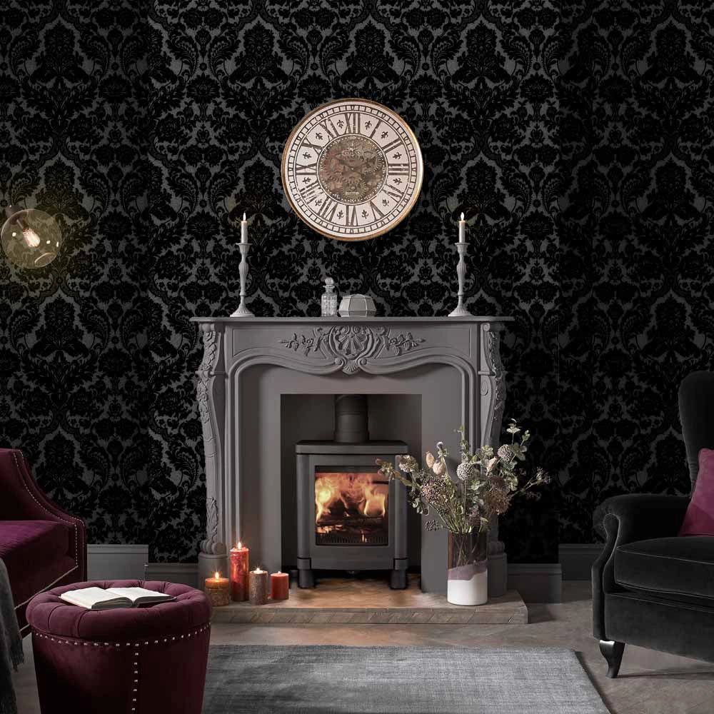 106585 Gothic Damask Flock Established Wallpaper by Graham and Brown