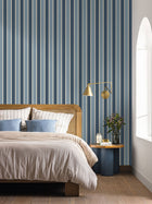 Classic Lines Bleu Denim Or Line Up Wallpaper by Caselio