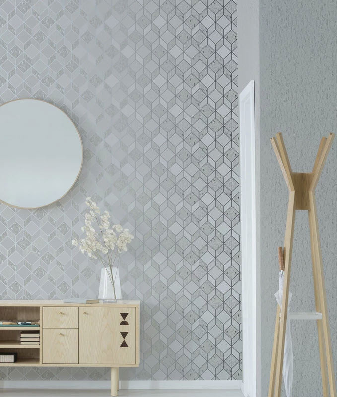 107961 Vittorio Geo Grey Silver Superfresco Wallpaper By Graham & Brown