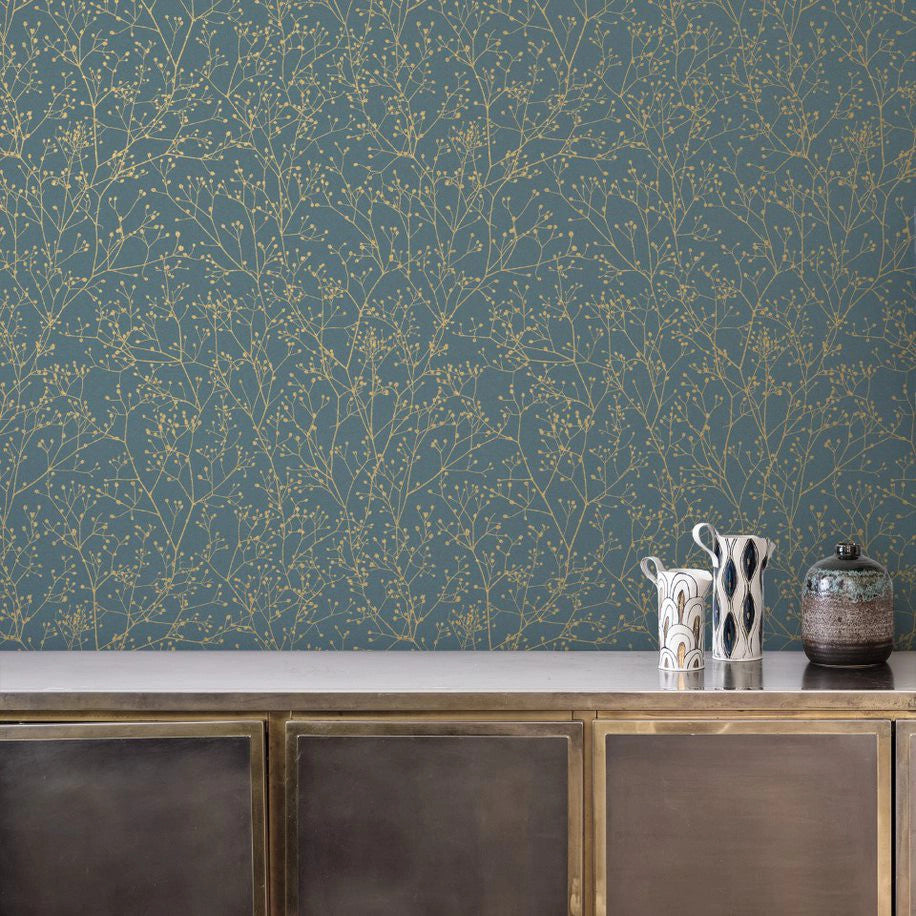 120384 Gypsophila Blue / Soft Gold Wallpaper by Clarissa Hulse