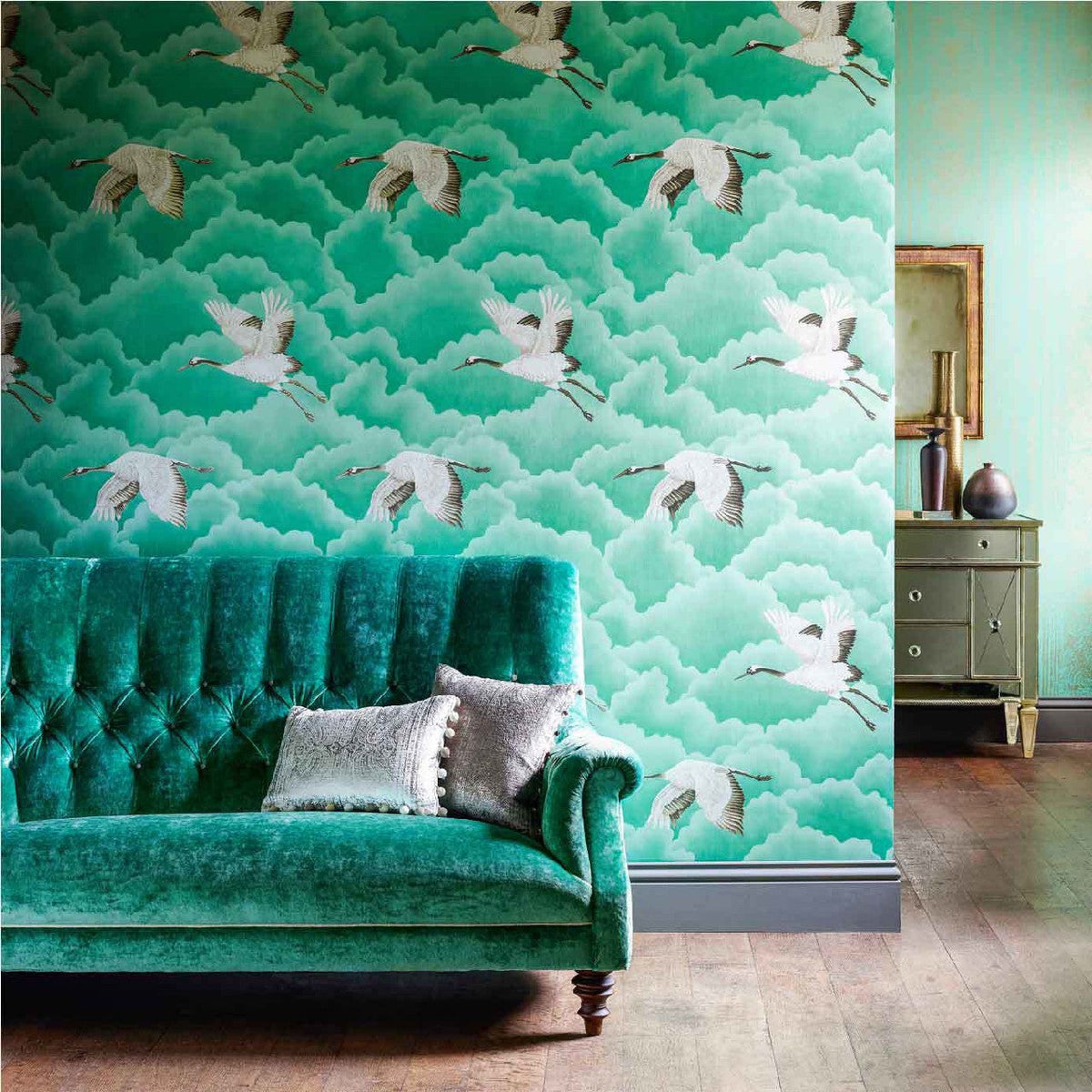 Cranes in Flight Palmetto Wallpaper by Harlequin