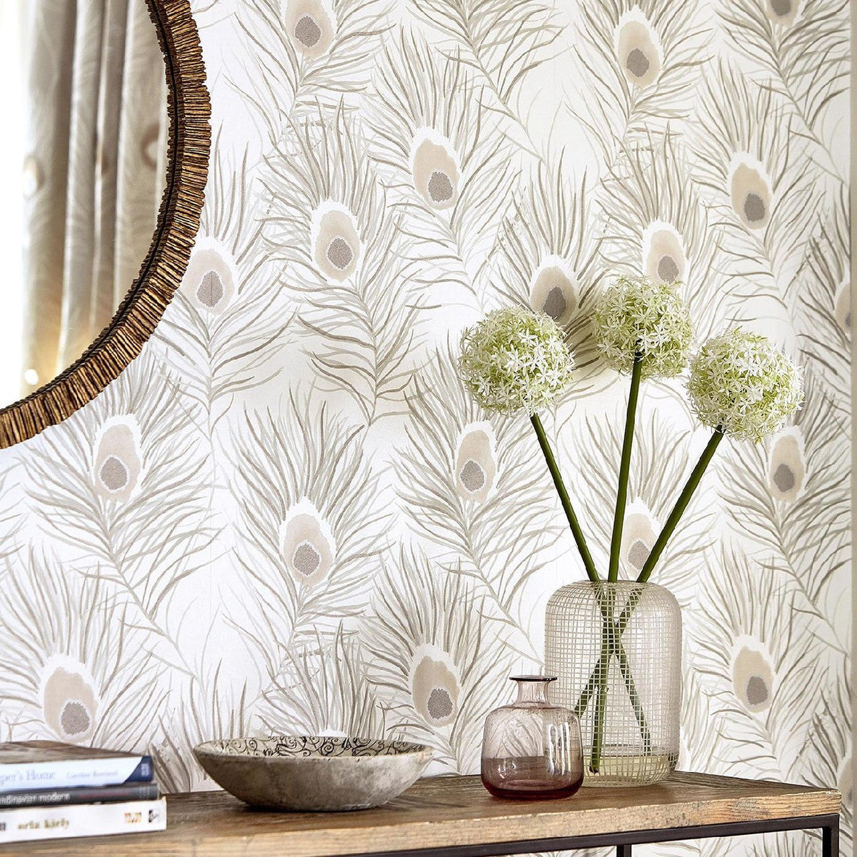 Orlena Purity Putty and Silver Wallpaper by Harlequin