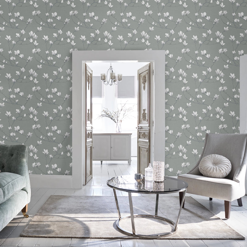 113354 Little Magnolia Slate Wallpaper by Laura Ashley