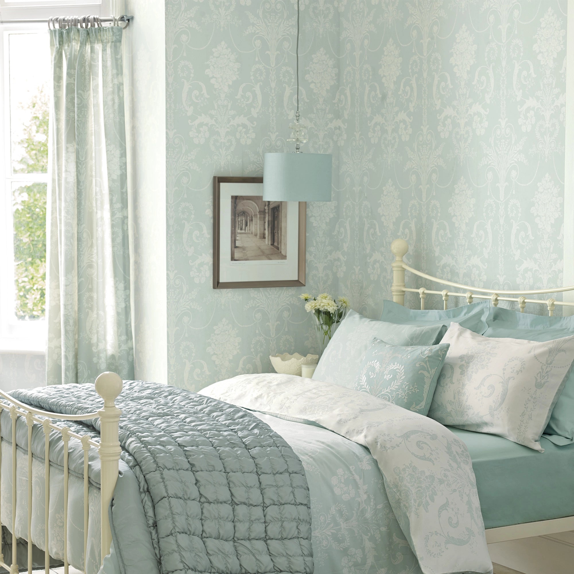 113380 Josette Duck Egg Wallpaper by Laura Ashley