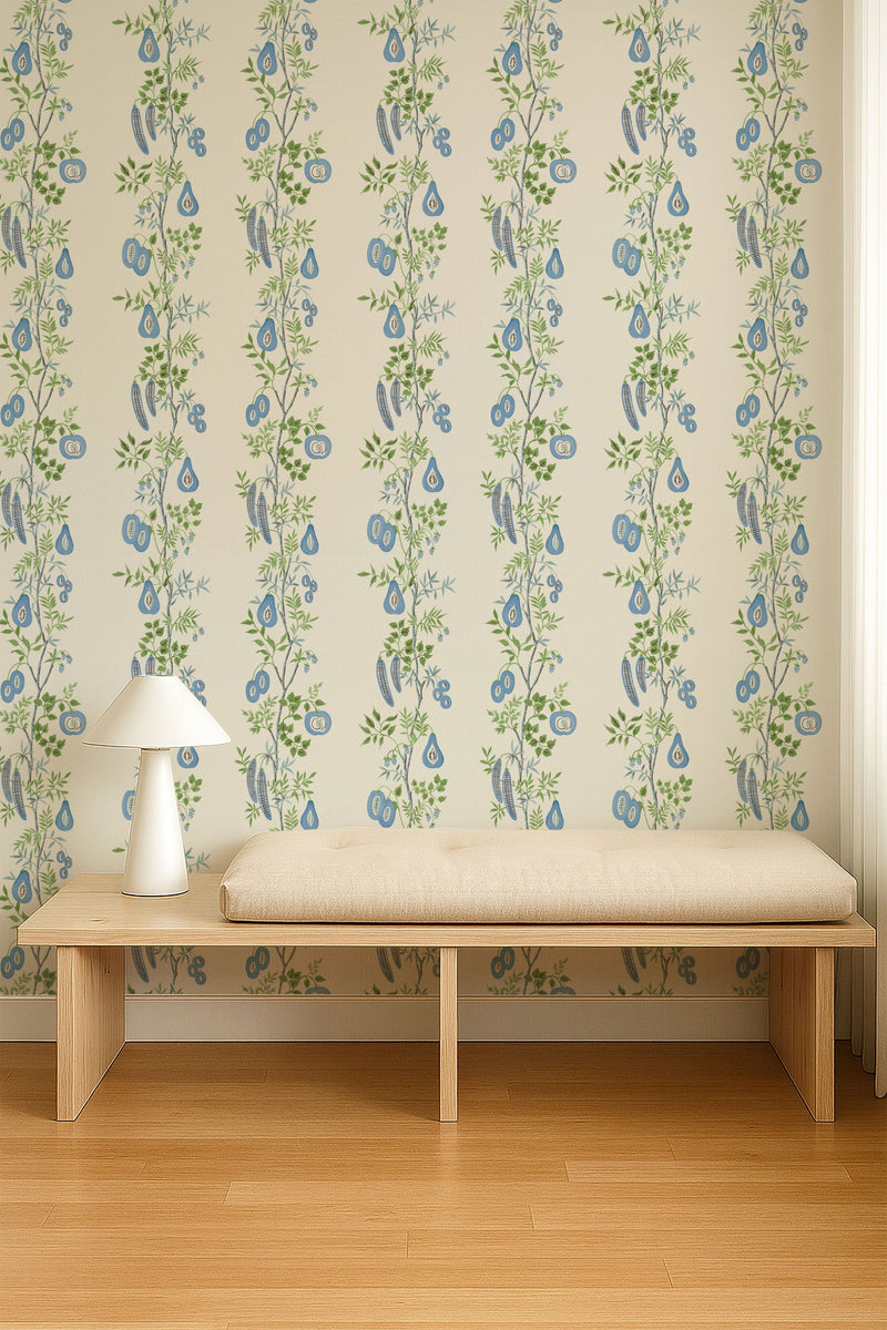NPOP113383 On The VIne Cornflower/Kelly Green Wallpaper by Scion