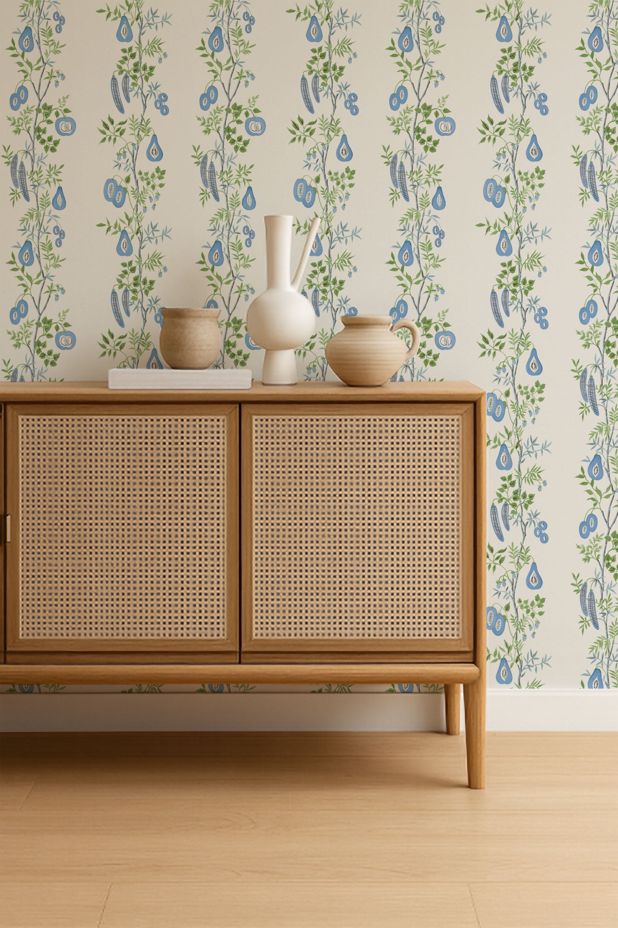 NPOP113383 On The VIne Cornflower/Kelly Green Wallpaper by Scion