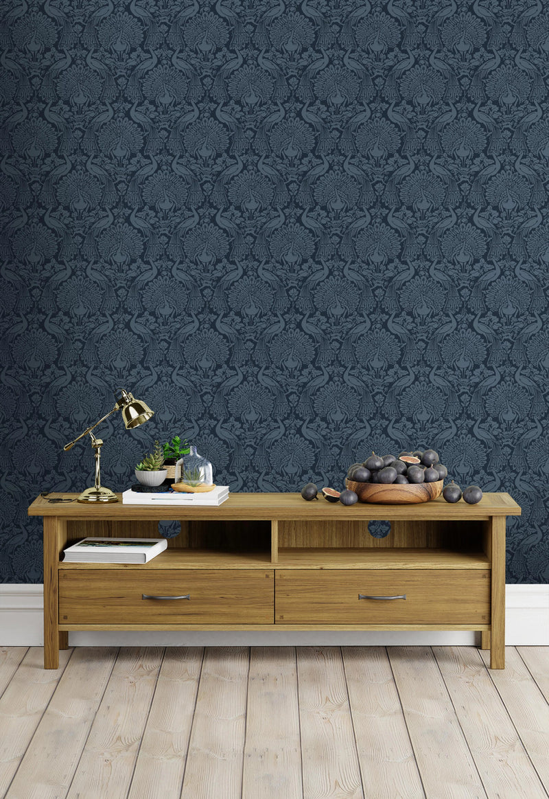 114910 Peacock Damask Dusky Seaspray Wallpaper by Laura Ashley