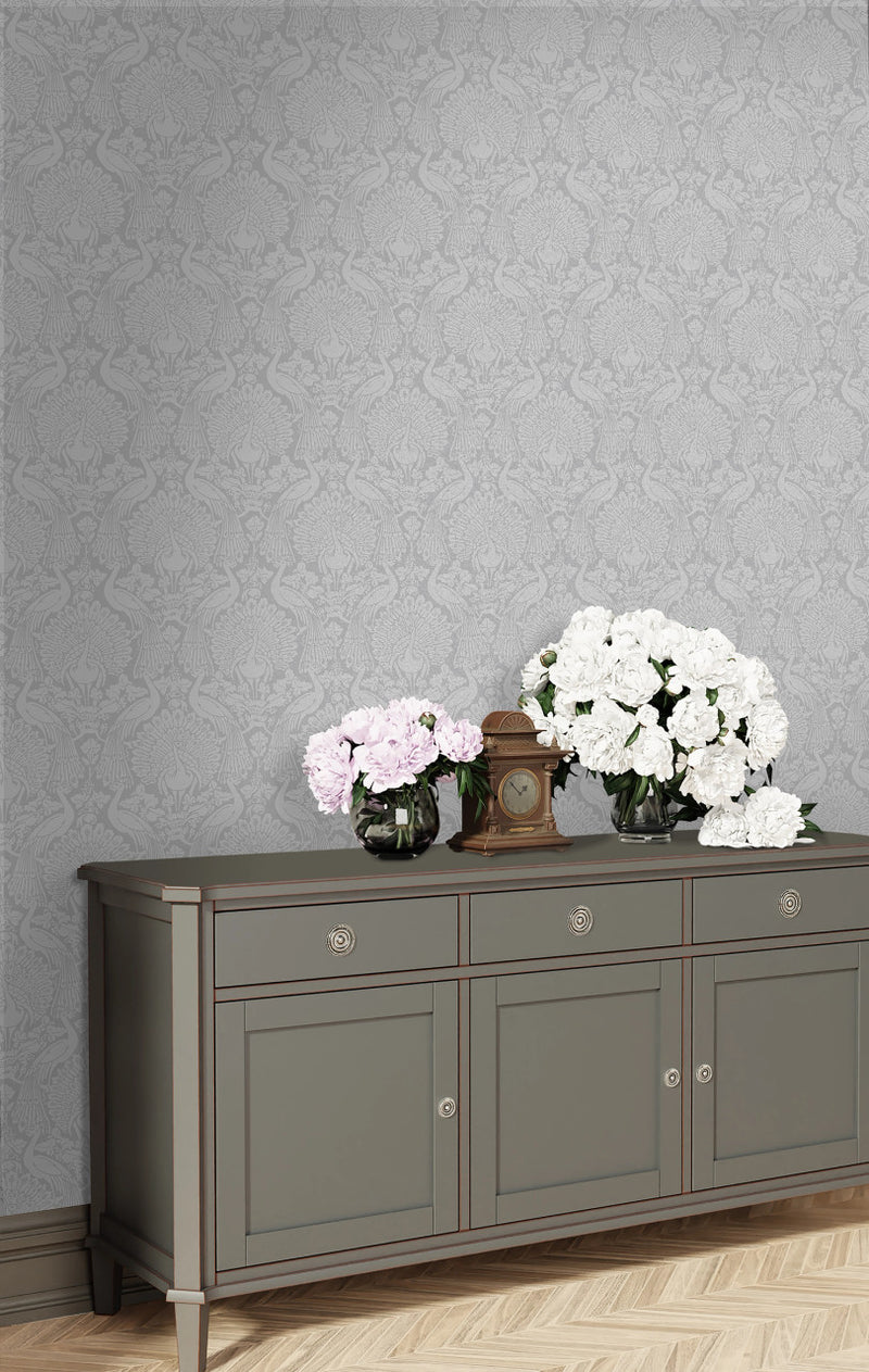 114911 Peacock Damask Pale Slate Wallpaper by Laura Ashley