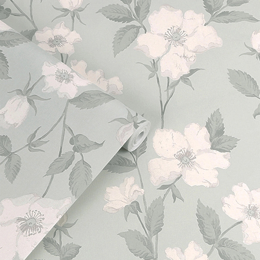 114917 Fleurir Smoke Green Wallpaper by Laura Ashley