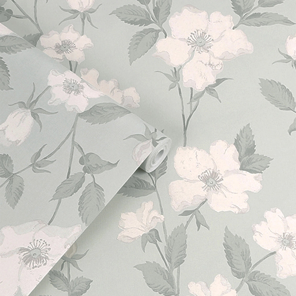 114917 Fleurir Smoke Green Wallpaper by Laura Ashley