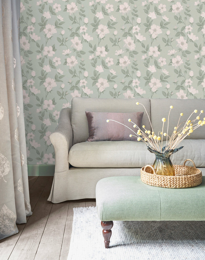 114917 Fleurir Smoke Green Wallpaper by Laura Ashley