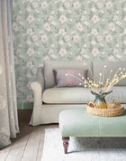 114917 Fleurir Smoke Green Wallpaper by Laura Ashley