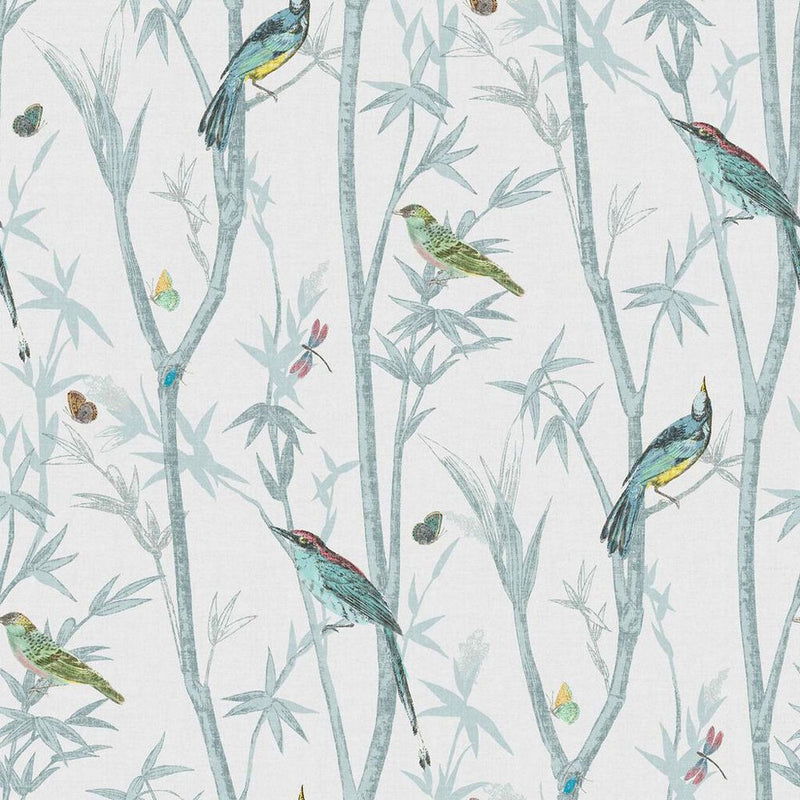 118267 Chinoiserie Bird Trail Duck Egg Wallpaper by Next