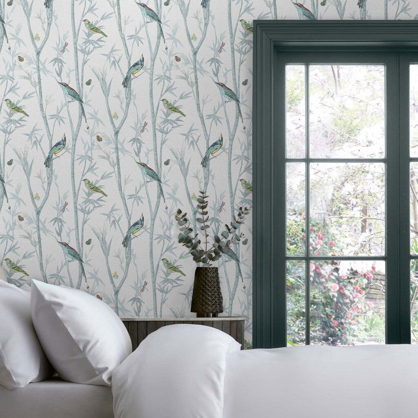 118267 Chinoiserie Bird Trail Duck Egg Wallpaper by Next