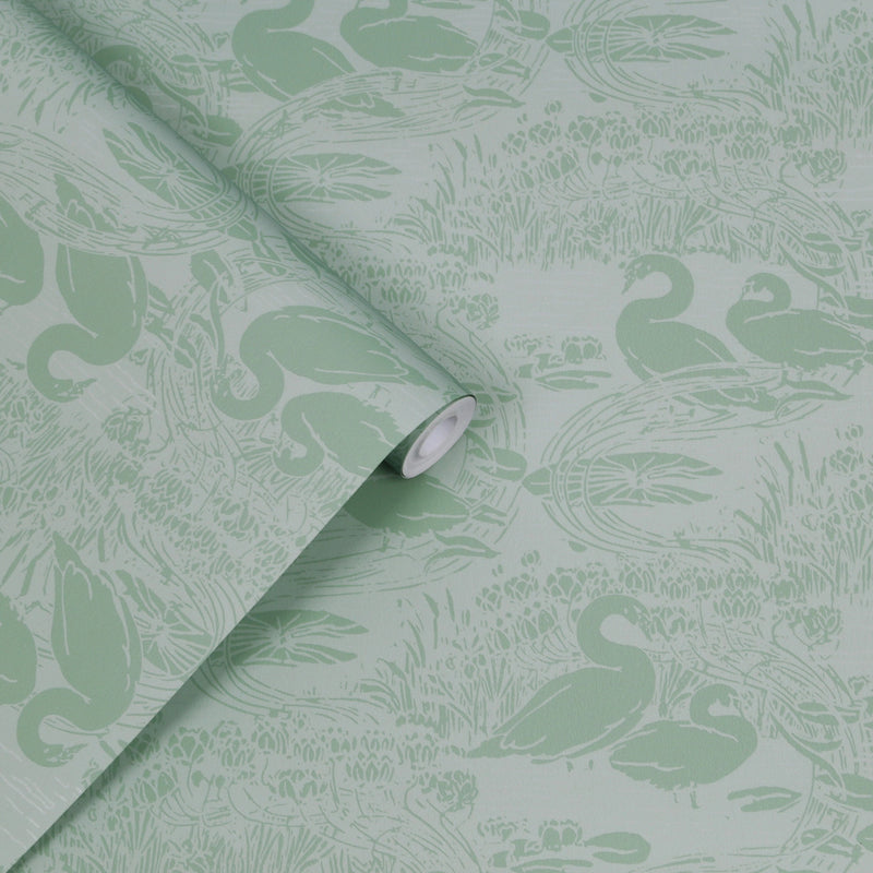 118472 Swans Jade Green Wallpaper by Laura Ashley