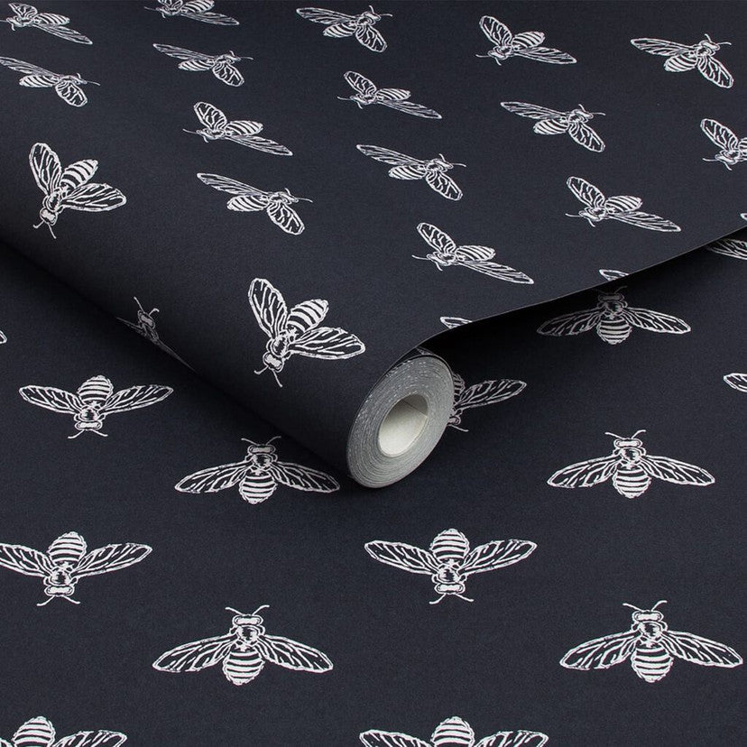 118546 Block Print Bee French Navy Wallpaper by Joules