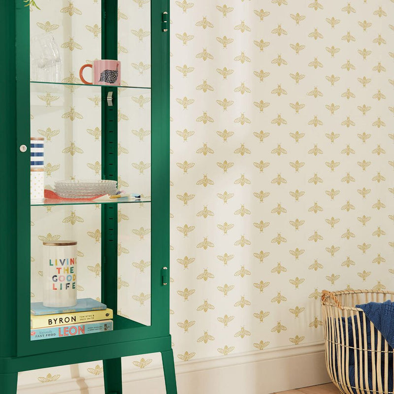 118547 Block Print Bee Antique Gold Wallpaper by Joules