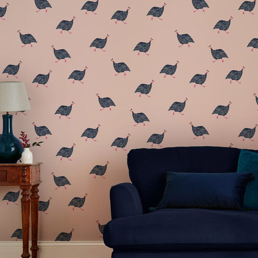 118566 Guinea Fowl Blush Pink Wallpaper by Joules