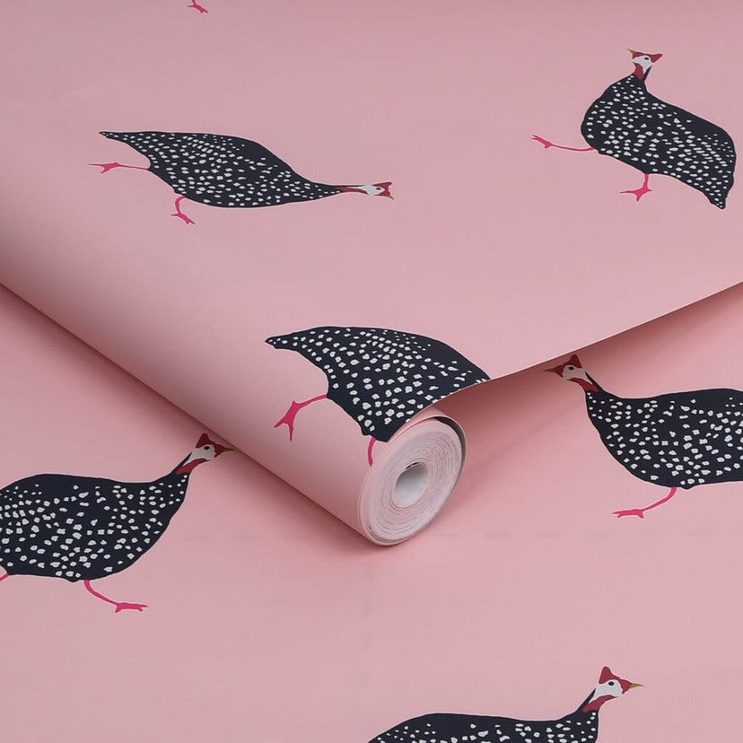 118566 Guinea Fowl Blush Pink Wallpaper by Joules