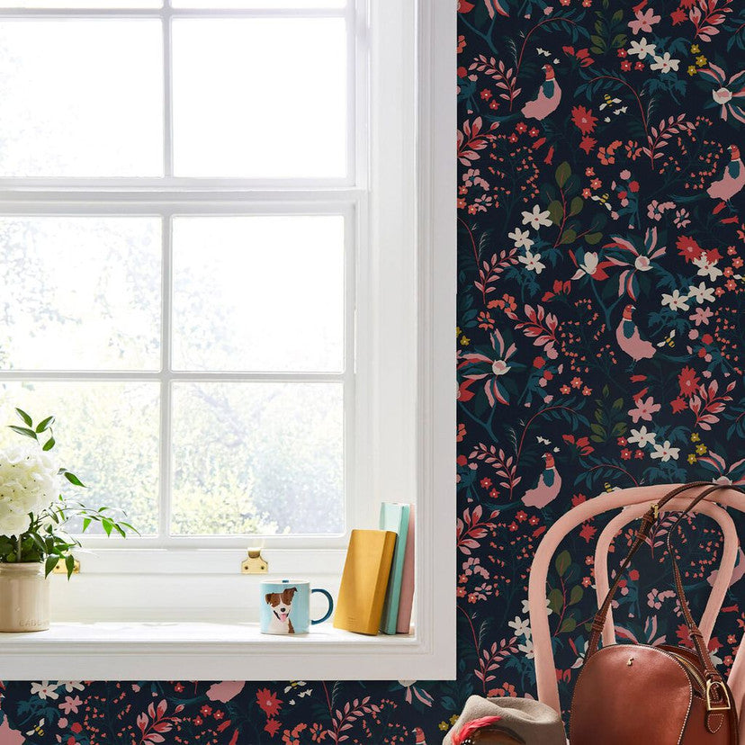 118568 Fields Edge Floral French Navy Wallpaper by Joules