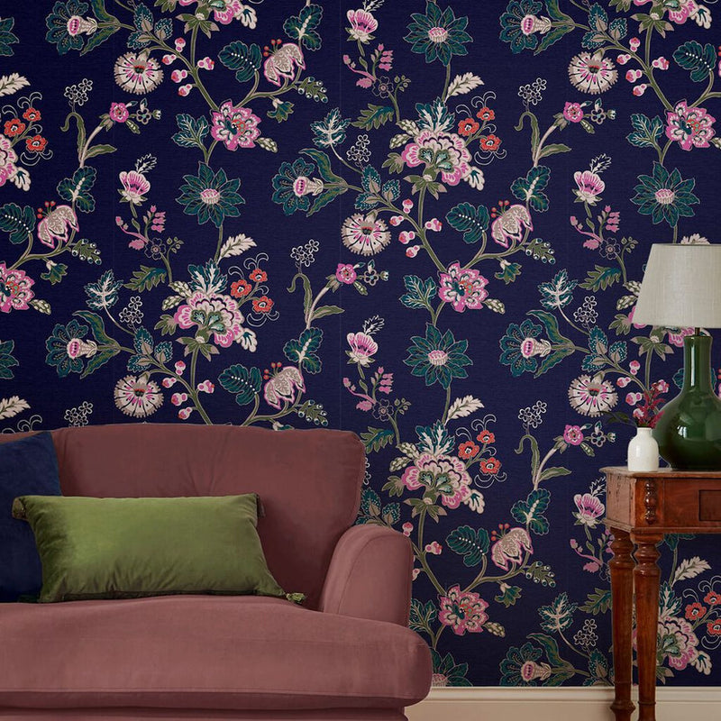 118573 Vine Cottage Floral Royal Navy Wallpaper by Joules