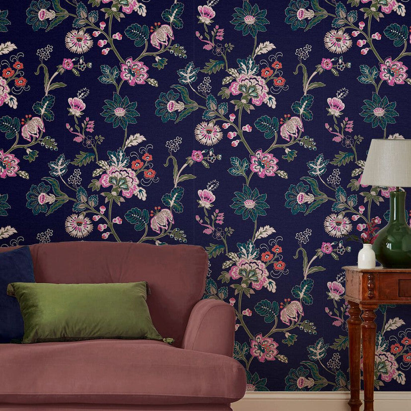 118573 Vine Cottage Floral Royal Navy Wallpaper by Joules