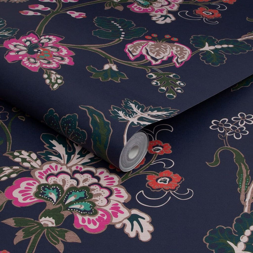 118573 Vine Cottage Floral Royal Navy Wallpaper by Joules