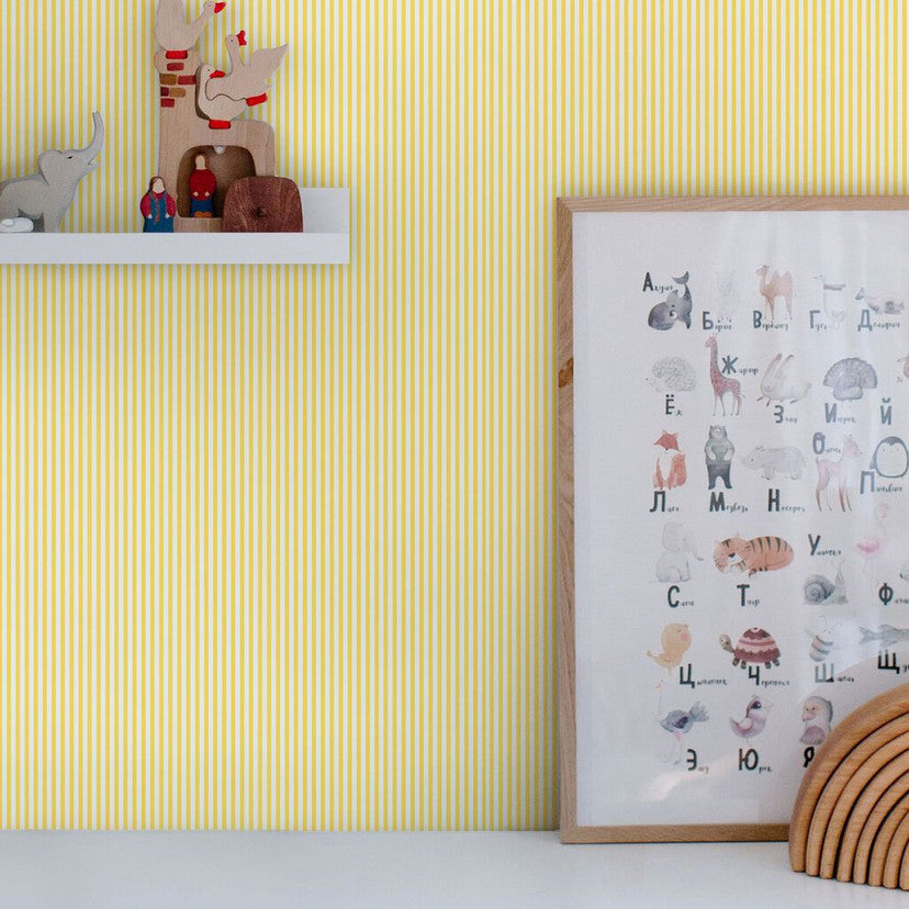 118584 Ticking Stripe Lemon Wallpaper by Joules
