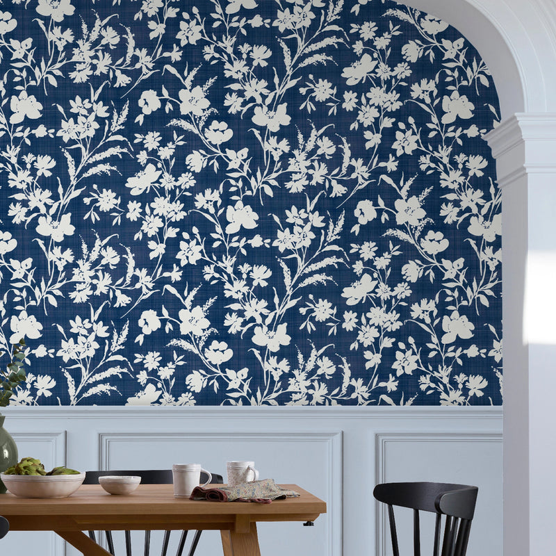 119854 Rye Midnight Seaspray Blue Wallpaper by Laura Ashley