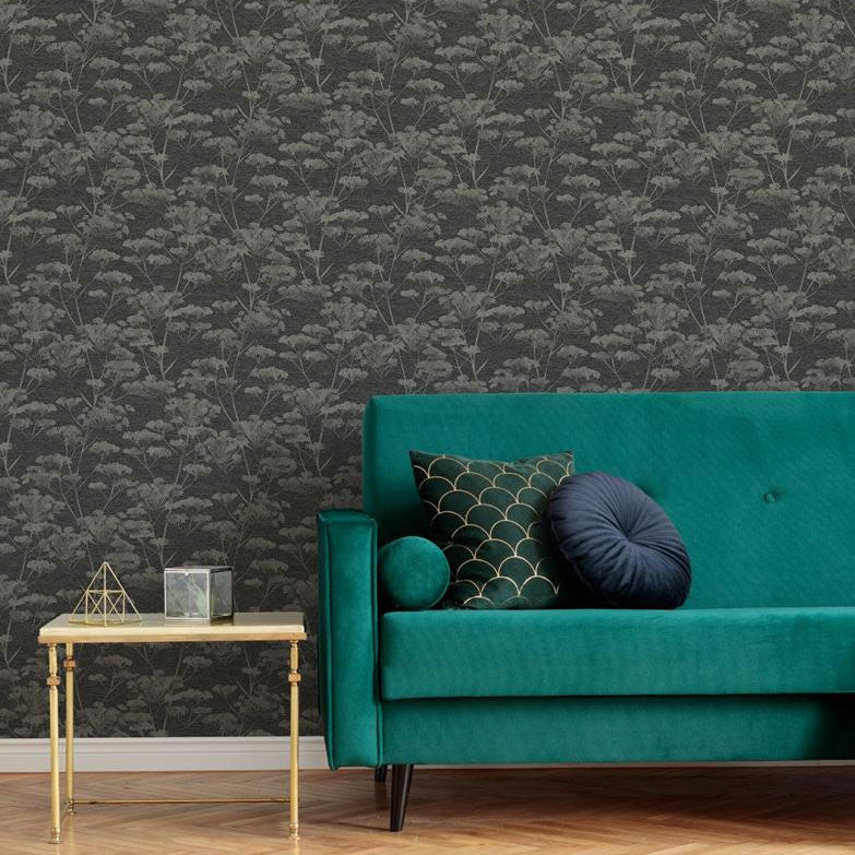 119967 Serene Seed-Head Black and Gold Boutique Wallpaper By Graham & Brown