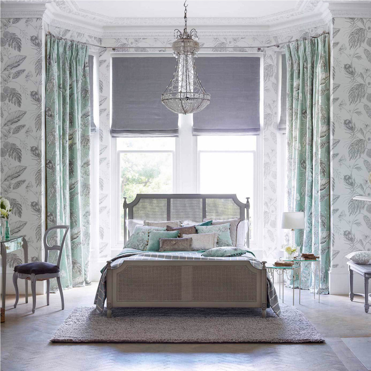 120420 Amborella Silk Palmetto Steel Fabric by Harlequin