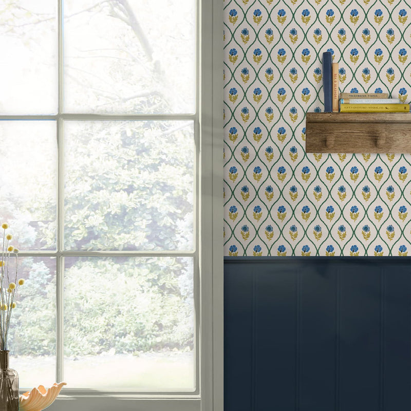 120876 Trellis Floral Creme Gold Wallpaper by Joules