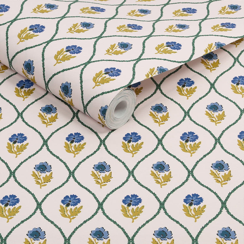 120876 Trellis Floral Creme Gold Wallpaper by Joules