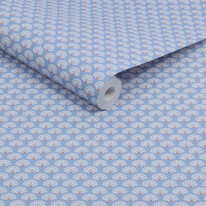 120880 Peacock Geo Blue Creme Wallpaper by Joules