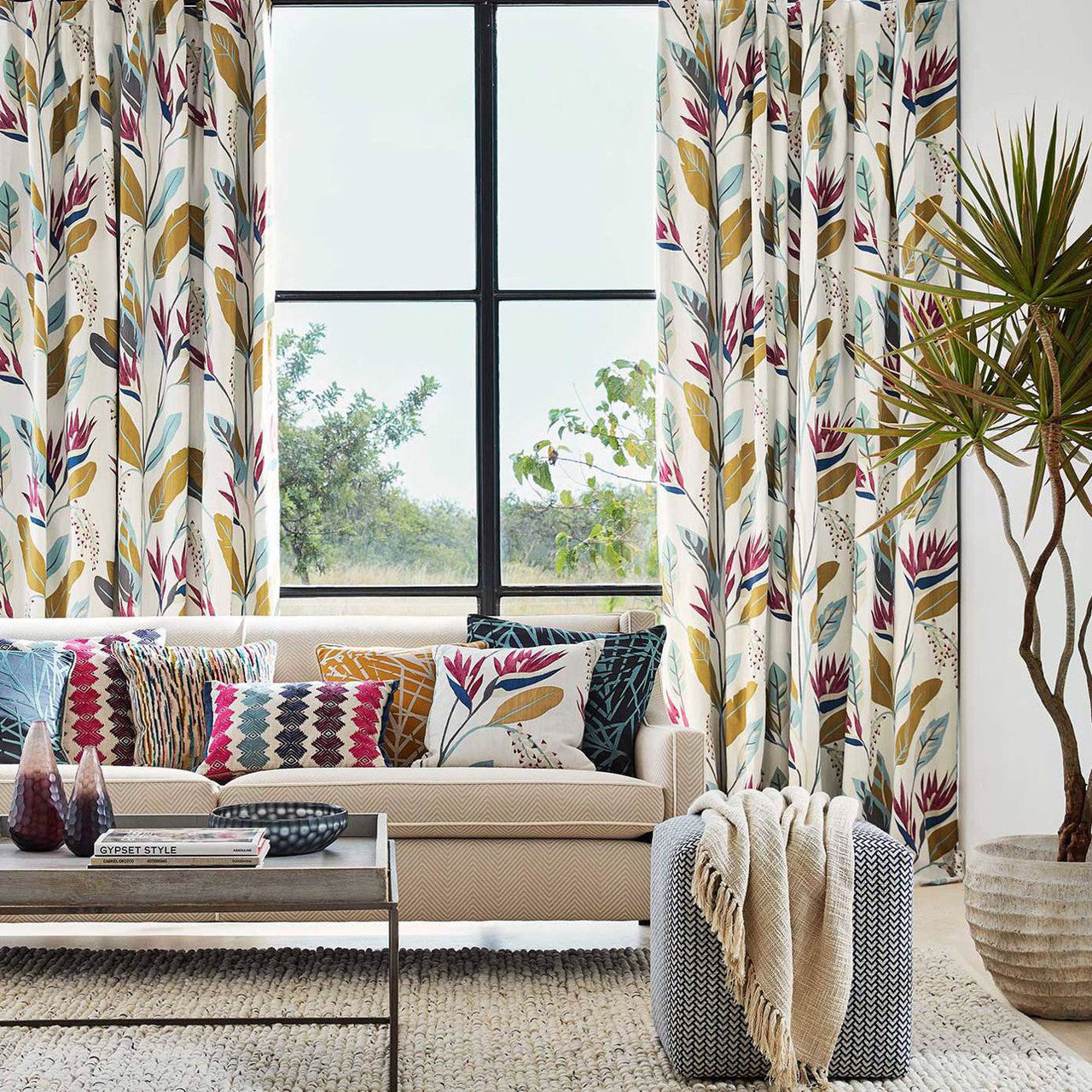 120907 Llenya Mirador Drapery Cerise / Harbour / Saffron Fabric by Harlequin