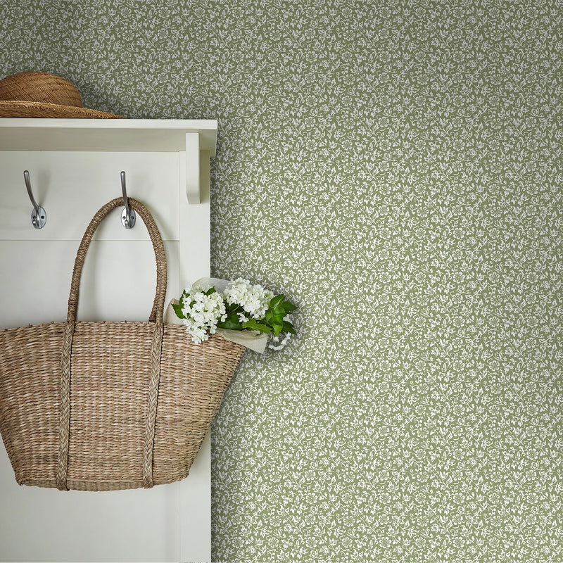 121077 Sweet Alyssum Moss Green Wallpaper by Laura Ashley