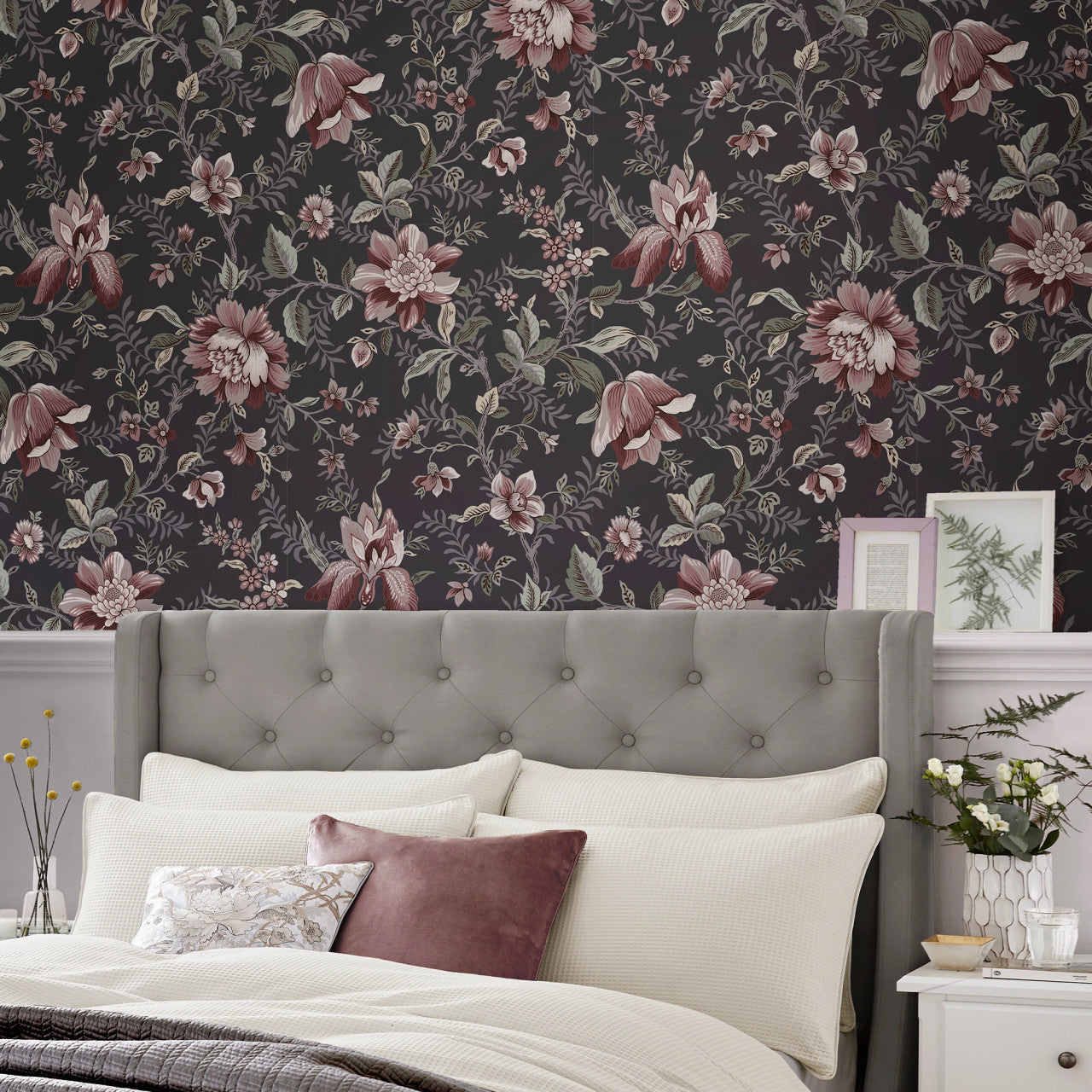 121090 Edita's Garden Charcoal Grey Wallpaper by Laura Ashley