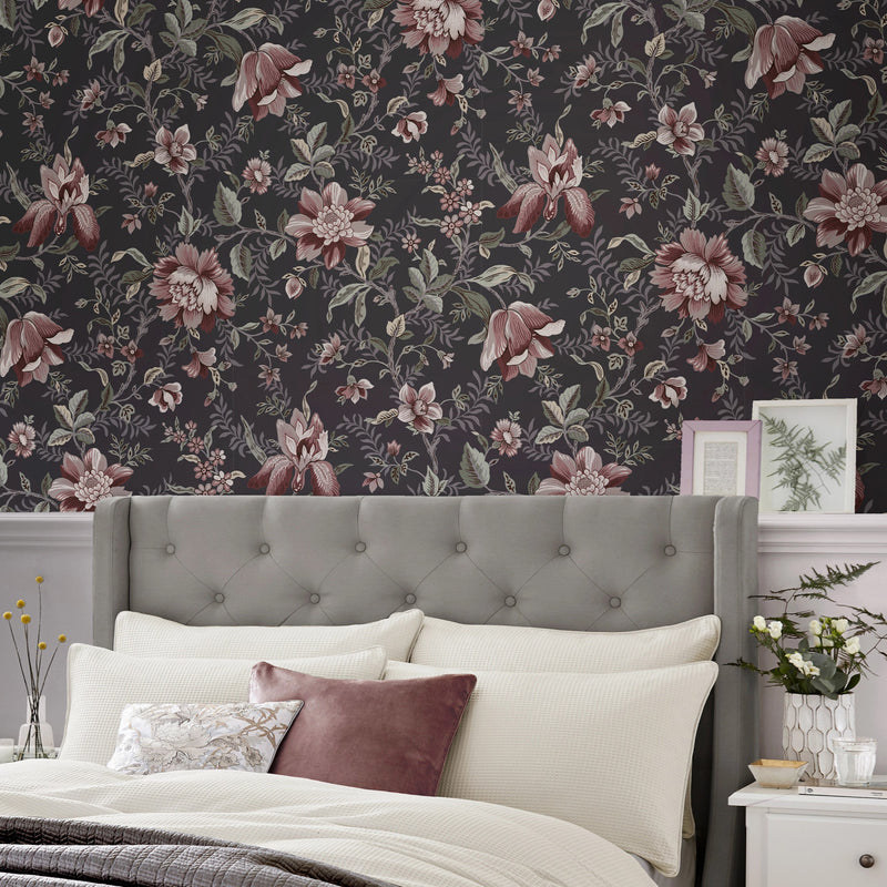 121090 Edita's Garden Charcoal Grey Wallpaper by Laura Ashley