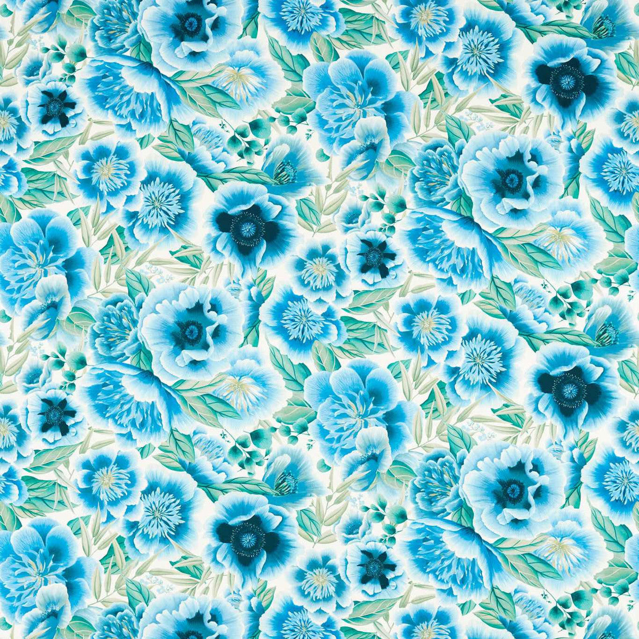 121109 Marsha Satin Harlequin X Diane Hill Delft, Lagoon and Porcelain Fabric by Harlequin