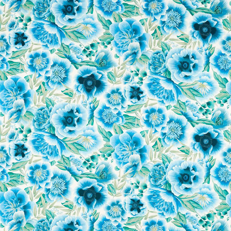 121109 Marsha Satin Harlequin X Diane Hill Delft, Lagoon and Porcelain Fabric by Harlequin