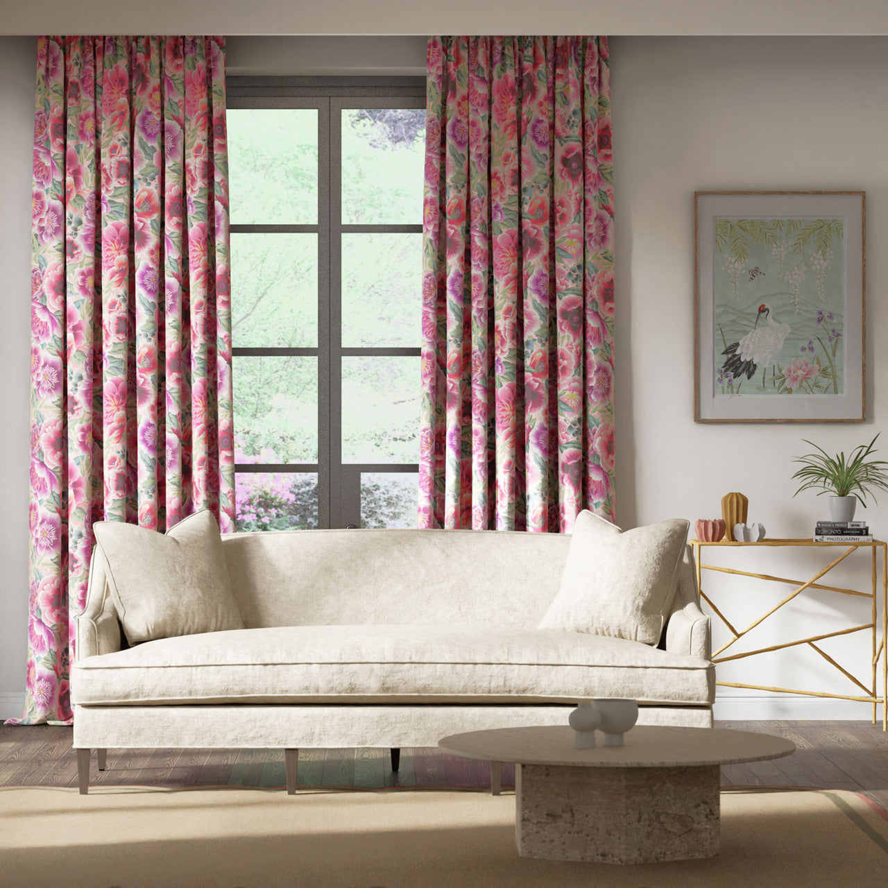 121110 Marsha Satin Harlequin X Diane Hill Powder, Peony and Magenta Fabric by Harlequin