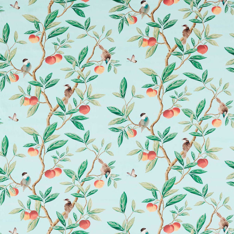 121113 Ella Harlequin X Diane Hill Sky, Fig Leaf and Nectarine Fabric by Harlequin