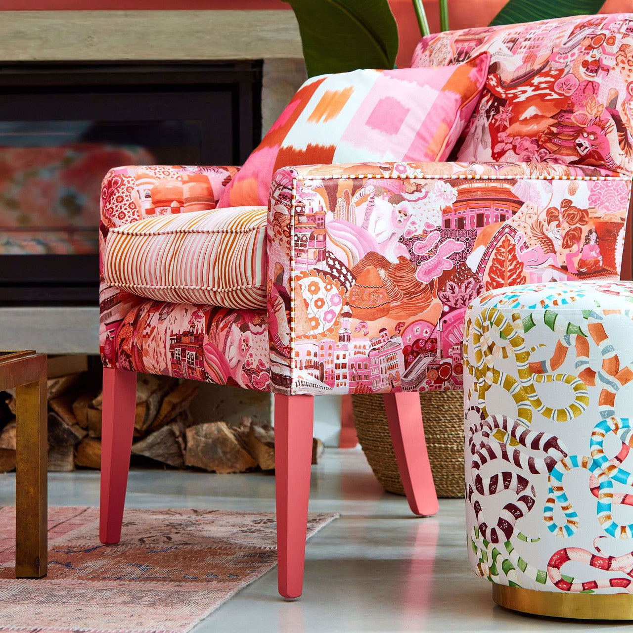 121141 Serpenti Velvet Colour 3 Bleached Coral Paprika Positano and Azul Harlequin Fabric