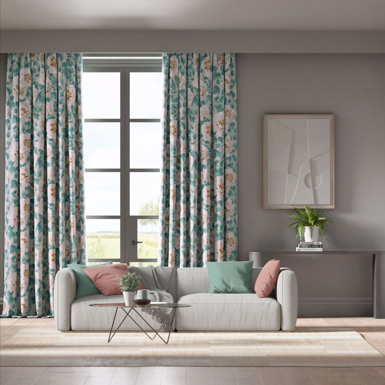 121156 Florent Colour 4 Hempseed, Lagoon and Rosehip Fabric by Harlequin