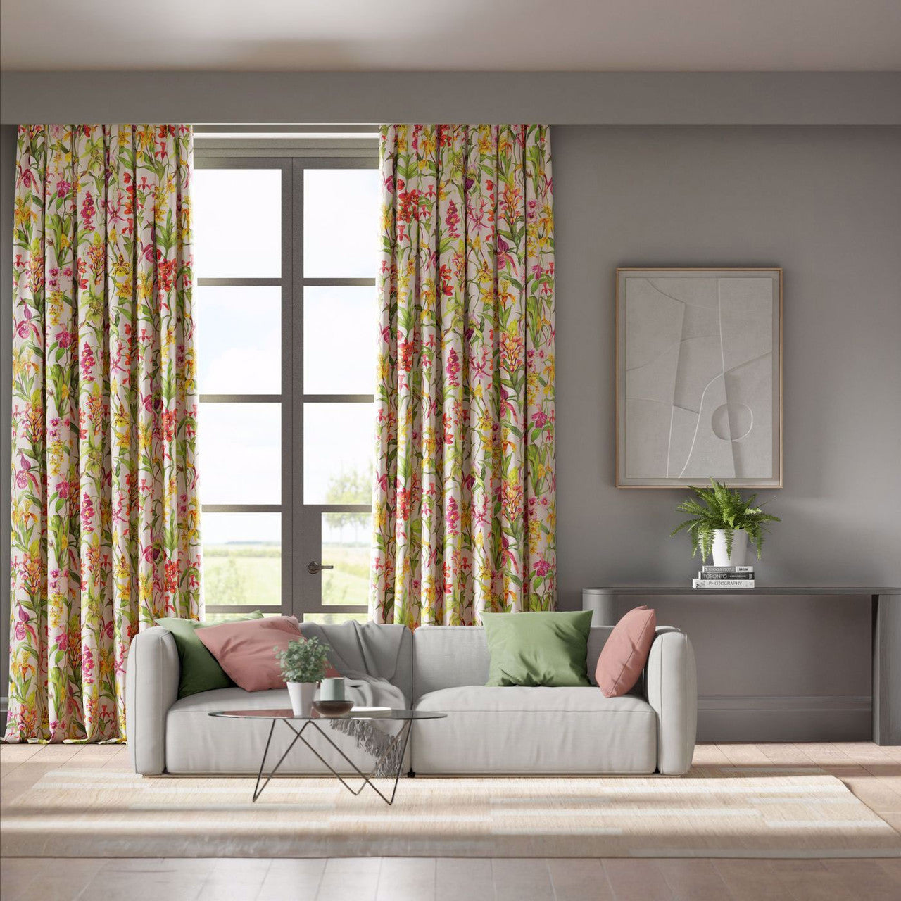 121167 Kalina Colour 4 Parchment, Forest and Azalea Fabric by Harlequin