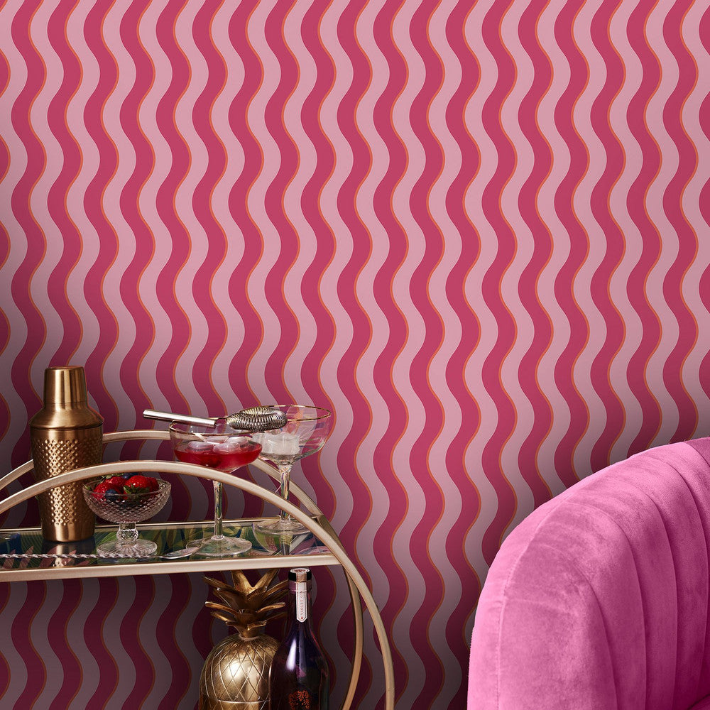 122371 Making Waves Raspberry and Tangerine Wallpaper by Envy