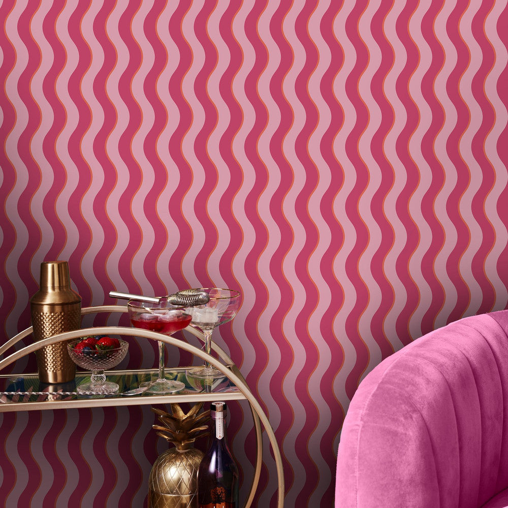 122371 Making Waves Raspberry and Tangerine Wallpaper by Envy