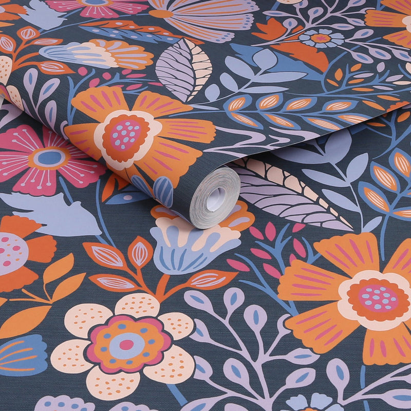 122373 Oopsy Daisy Blue, Lilac and Tangerine Wallpaper by Envy