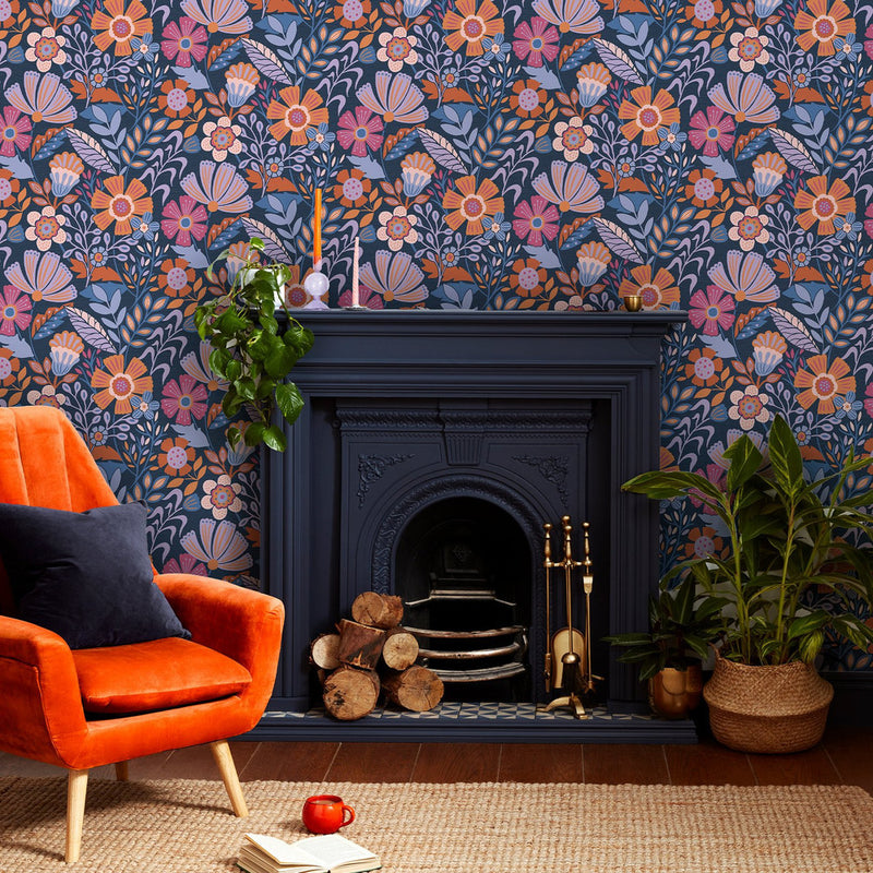 122373 Oopsy Daisy Blue, Lilac and Tangerine Wallpaper by Envy