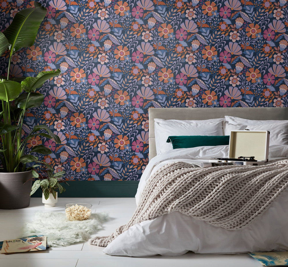 122373 Oopsy Daisy Blue, Lilac and Tangerine Wallpaper by Envy